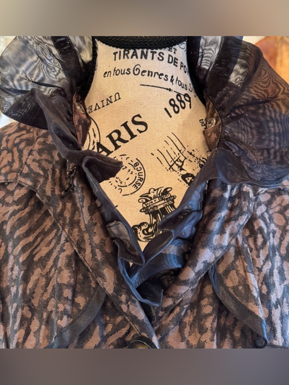 Vintage Y2K Leopard Print Black Tulle Ruffle Belt Trench Coat Avant Garde Small - Picture 2 of 12
